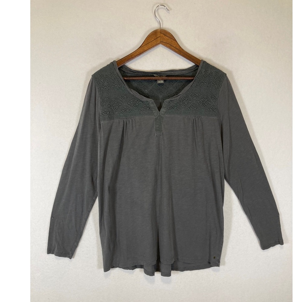 Boho Eddie Bauer Women XL Tall Gray Embroidered Yoke Long Sleeve Split Neck Top